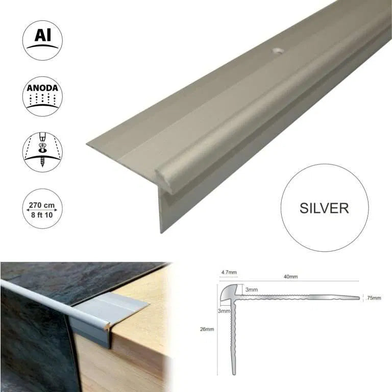 TVC 40 x 26mm Anodised Aluminium LVT Stair nosing Edge Profile For 3mm Flooring Stair Nosing etc