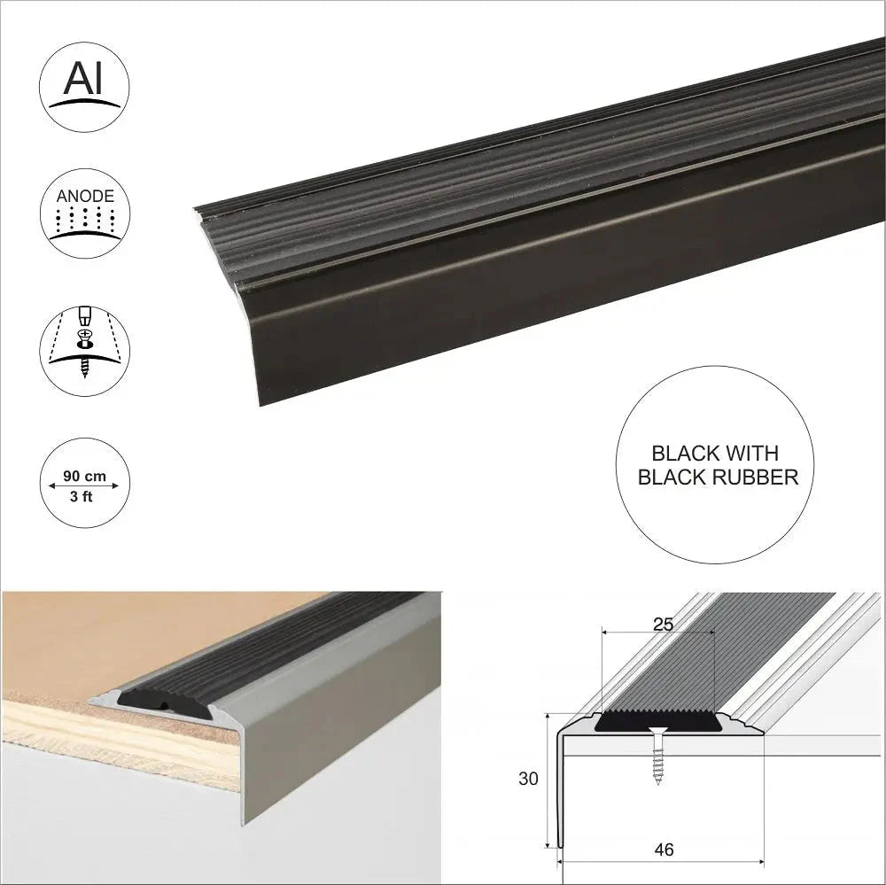 15 Pack Black A38 0.9m x 46mm x 30mm Screw Fit Anodised Aluminium Non Slip Stair Nosing With Black Rubber - Company