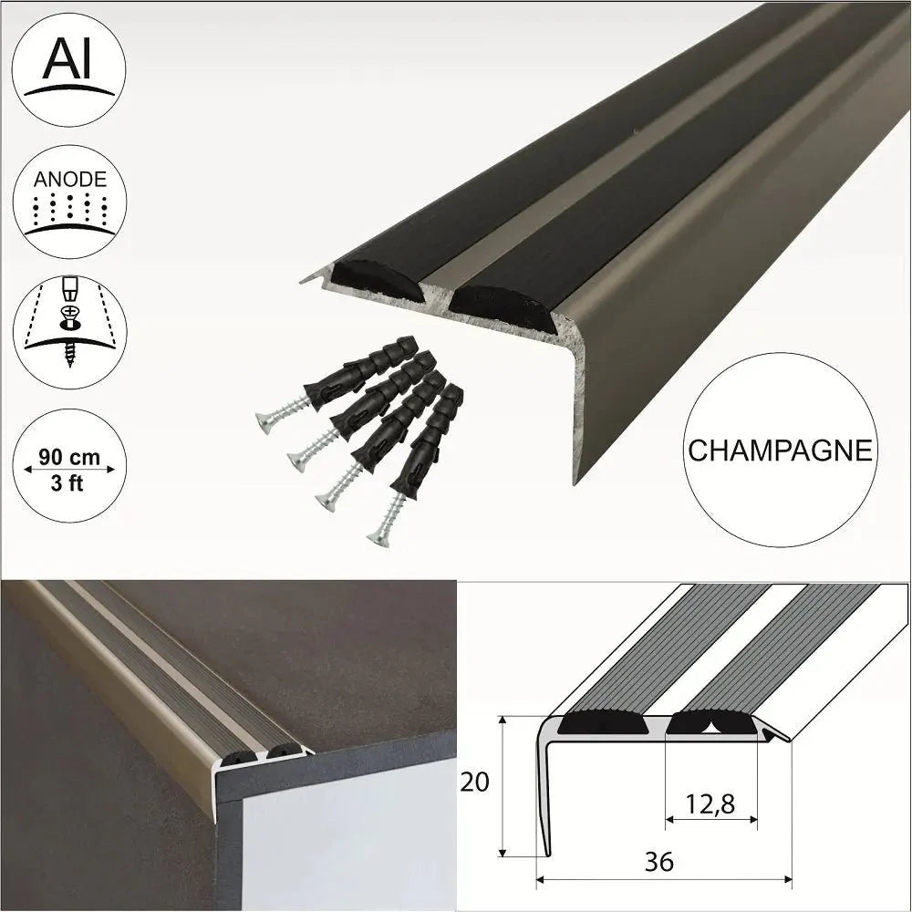 15 Pack Champagne A37 0.9m x 36mm x 20mm Screw Fit Anodised Aluminium Non Slip Stair Nosing With Black Rubber - Company