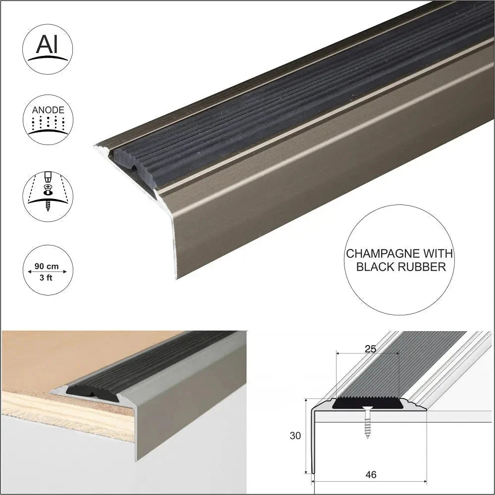 15 Pack Champagne A38 0.9m x 46mm x 30mm Screw Fit Anodised Aluminium Non Slip Stair Nosing With Black Rubber - Company