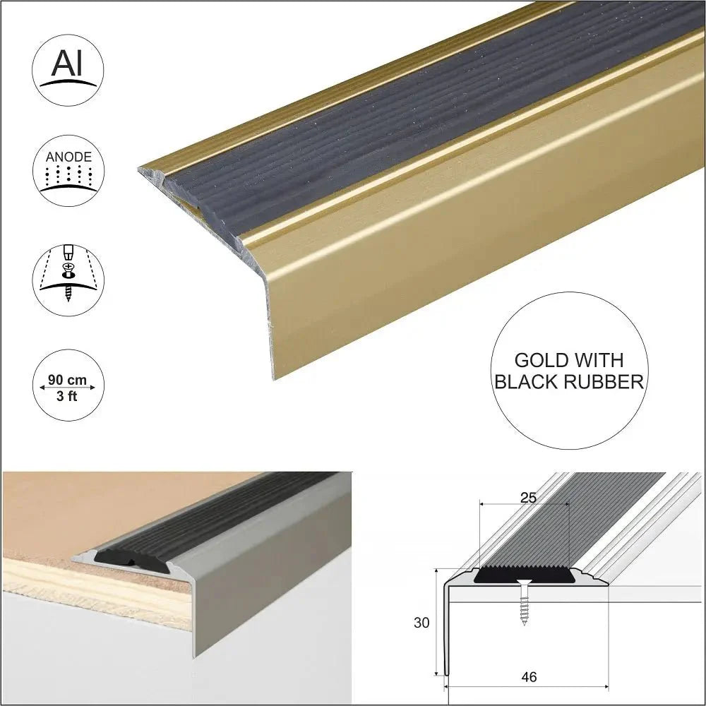 15 Pack Gold A38 0.9m x 46mm x 30mm Screw Fit Anodised Aluminium Non Slip Stair Nosing With Black Rubber - Company