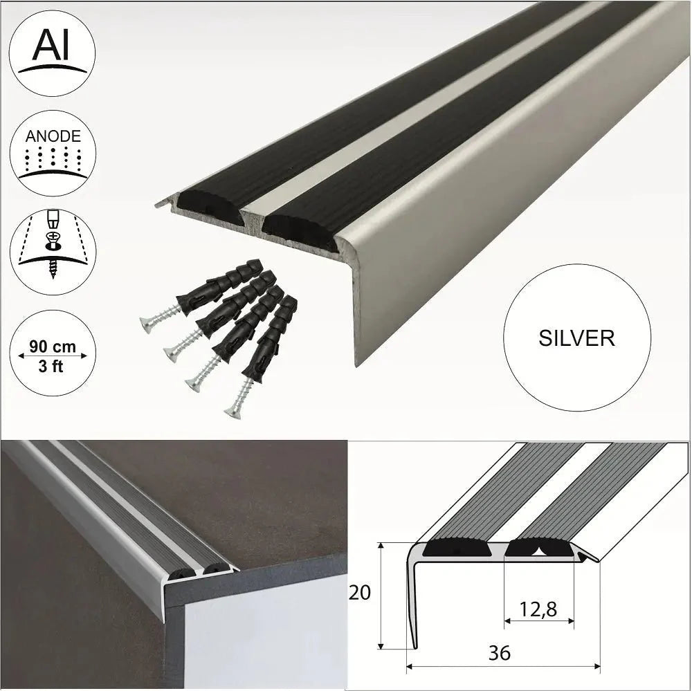 15 Pack Silver A37 0.9m x 36mm x 20mm Screw Fit Anodised Aluminium Non Slip Stair Nosing With Black Rubber - Company