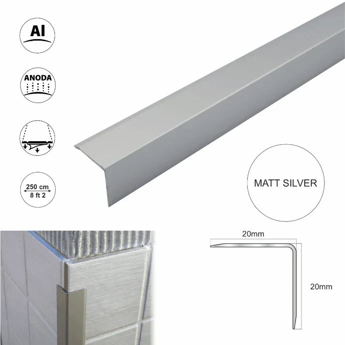 Aluminium Retro-Fit Tile Trim 20x20mm Angle Edge Protector
