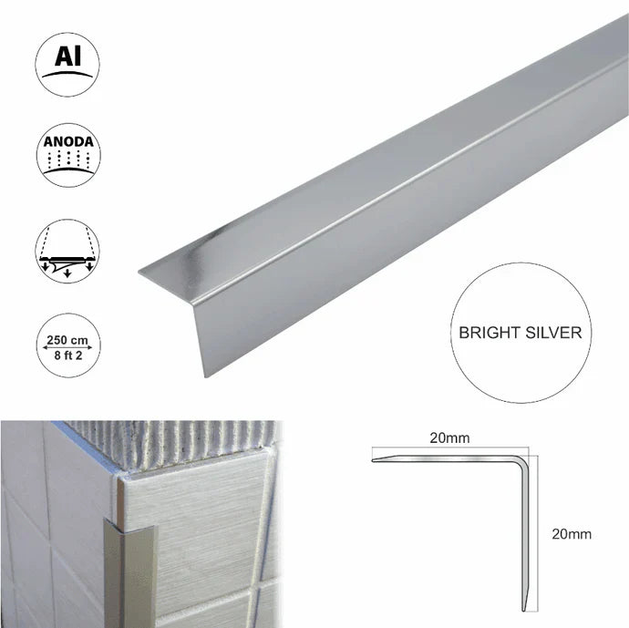 Aluminium Retro-Fit Tile Trim 20x20mm Angle Edge Protector