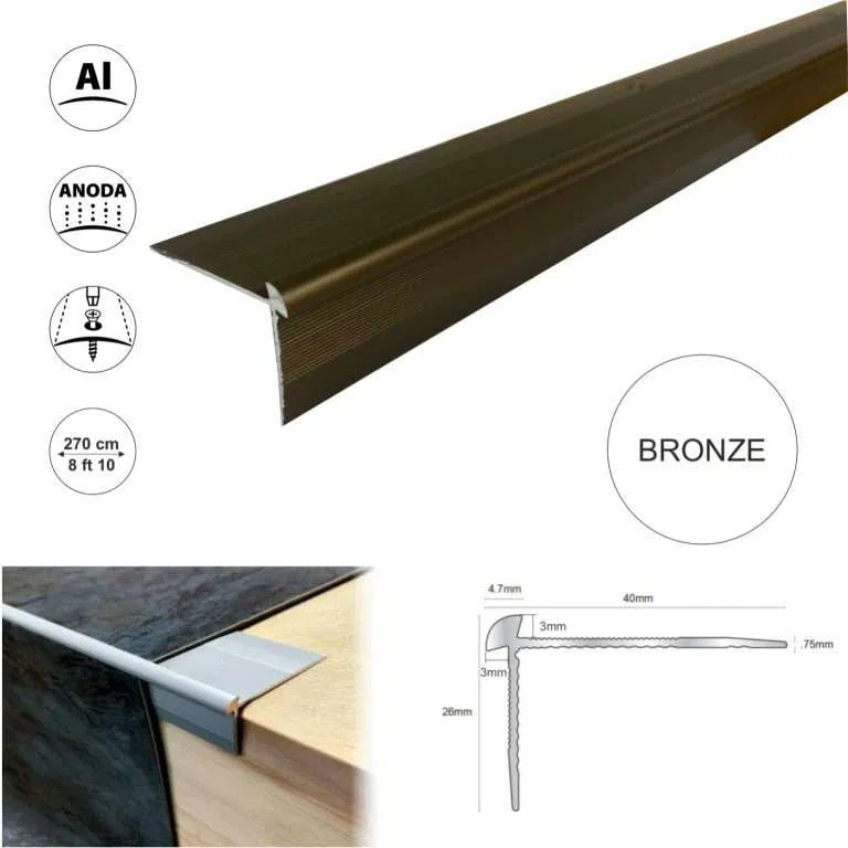 TVC 40 x 26mm Anodised Aluminium LVT Stair nosing Edge Profile For 3mm Flooring Stair Nosing etc