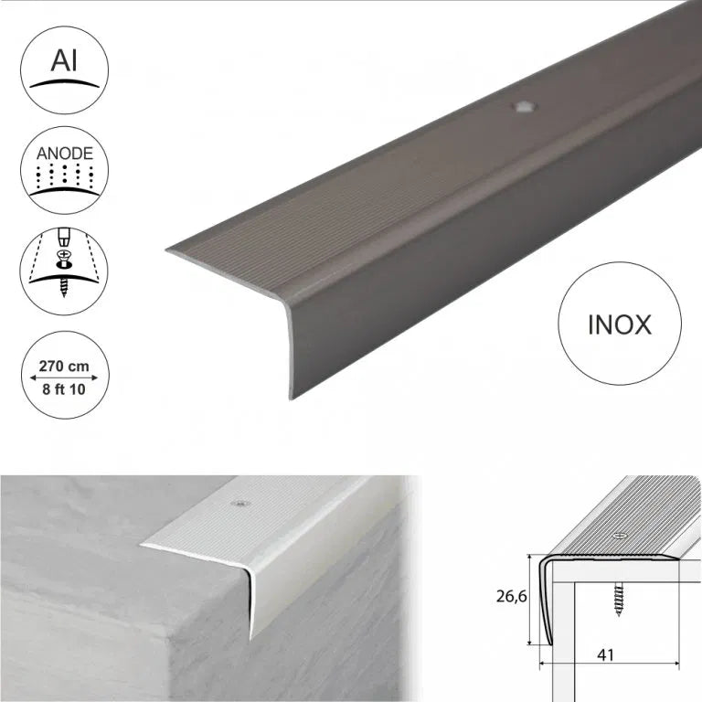 A42 41 x 26.6mm Anodised Aluminium Non Slip Ribbed Treads Stair Nosing Edge Trim Stair Nosing etc