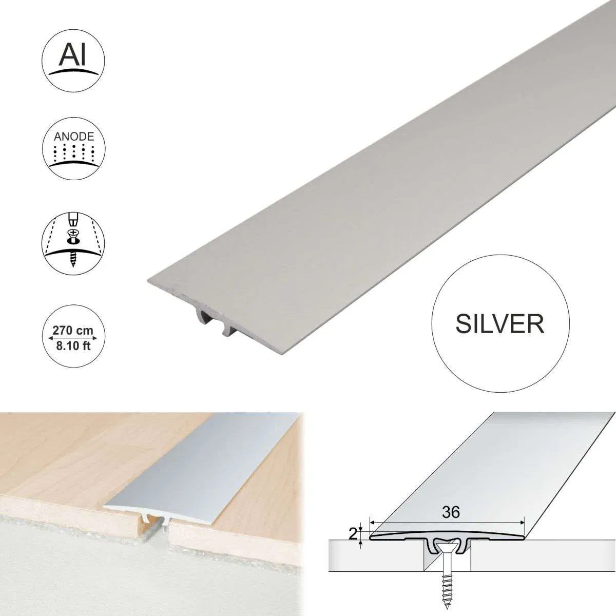 A68 36mm Anodised Aluminium Flat Door Threshold Strip Stair Nosing etc