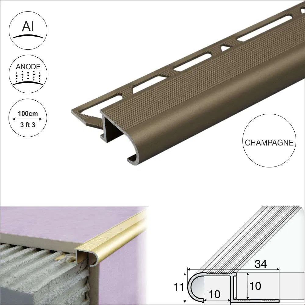 A81 34mm x 11mm x 10mm Aluminium Stair Nosing Edge Trim Step Edging For Tiles Stair Nosing etc