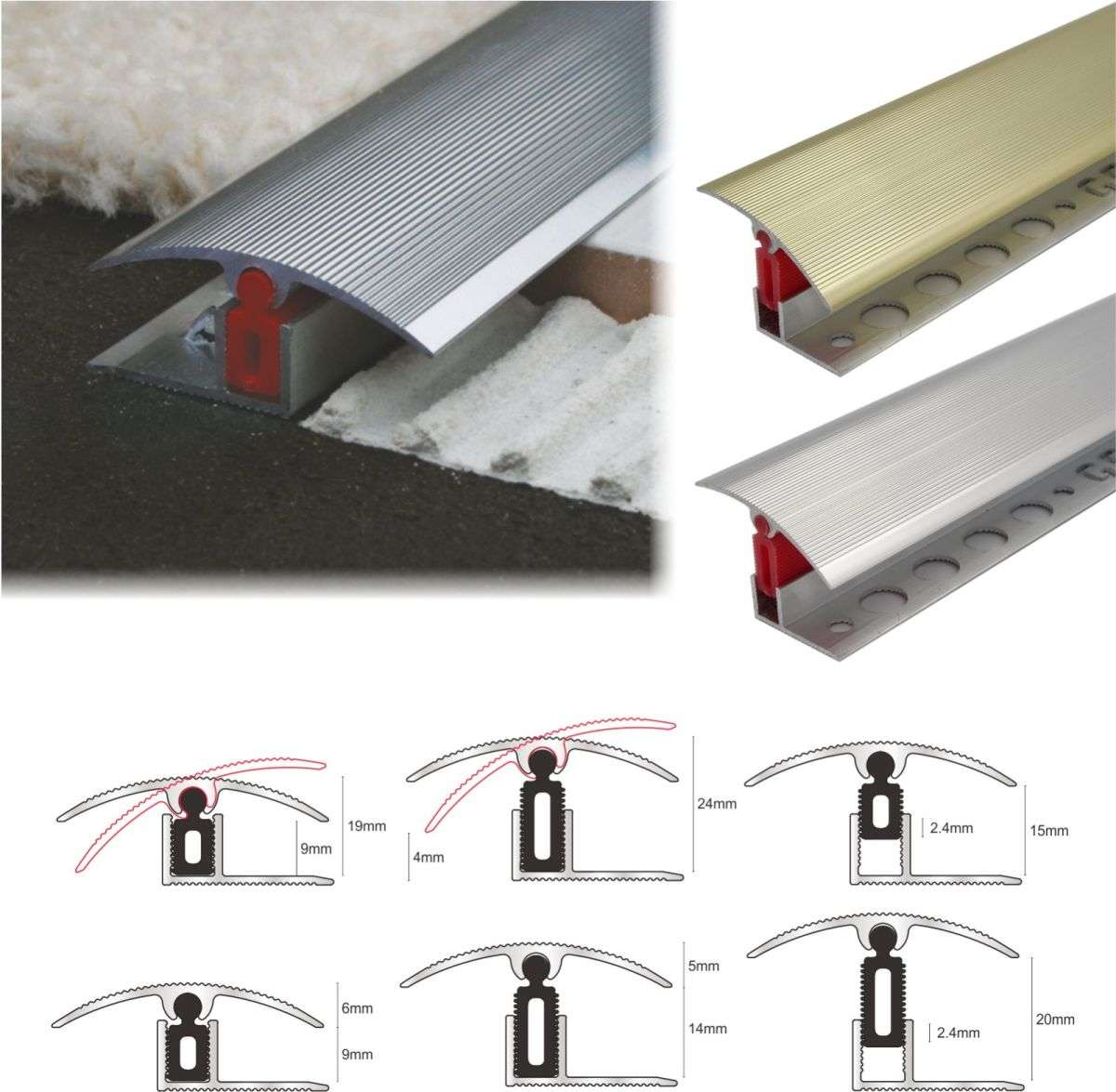 TTC 40mm Aluminium door Threshold T Bar Trim Adjustable Height/Pivots Easy clip Stair Nosing etc