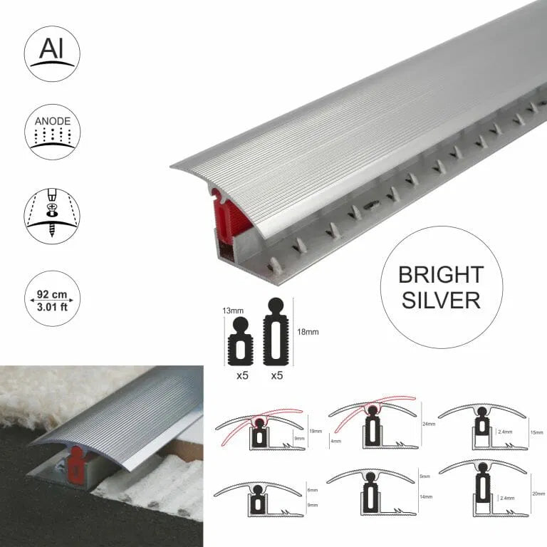 TTG 40mm Aluminium door Threshold Strip Adjustable Height/Pivots Easy clip Carpet Stair Nosing etc