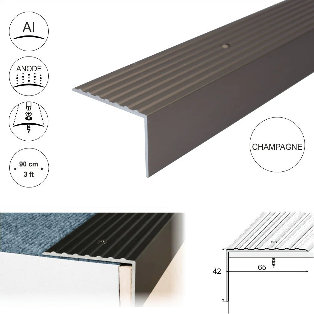 A32 65 x 42mm Anodised Aluminium Non Slip Ribbed Treads Stair Nosing Edge Trim - Company