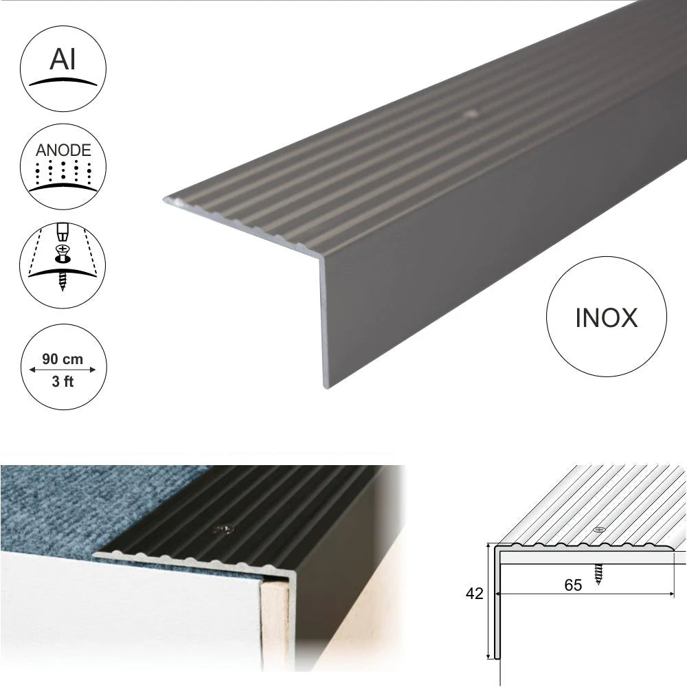 A32 65 x 42mm Anodised Aluminium Non Slip Ribbed Treads Stair Nosing Edge Trim - Company