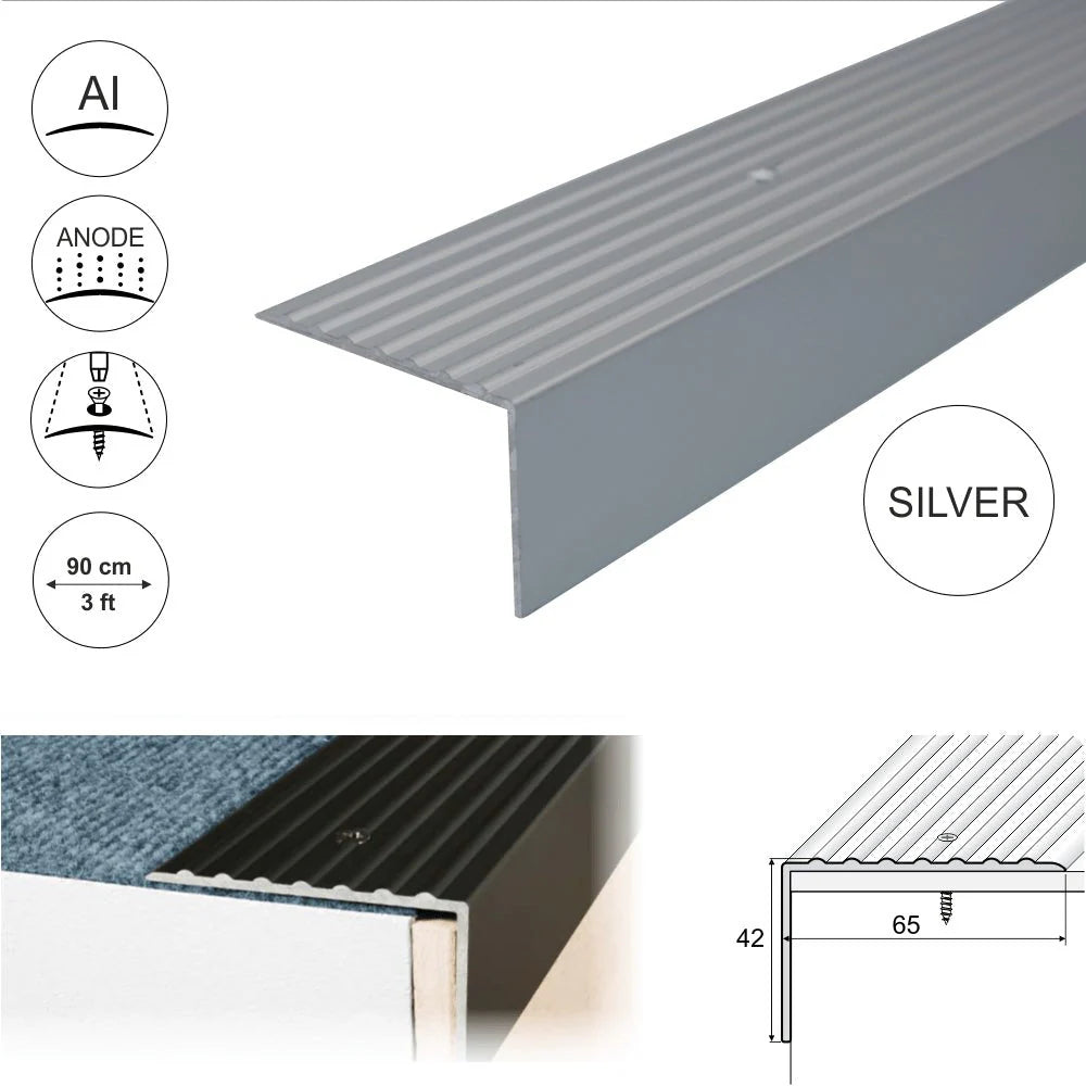 A32 65 x 42mm Anodised Aluminium Non Slip Ribbed Treads Stair Nosing Edge Trim - Company