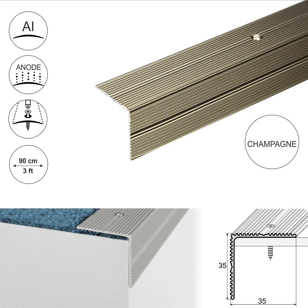 A34 35 x 35mm Anodised Aluminium Self Adhesive Non Slip Ribbed Treads Stair Nosing Edge Trim Stair Nosing etc