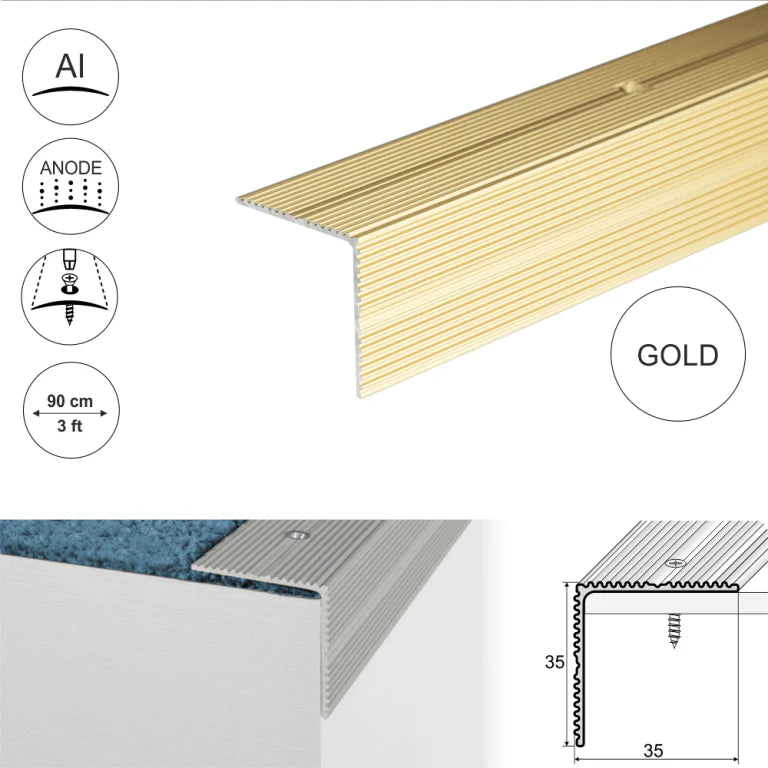 A34 35 x 35mm Anodised Aluminium Self Adhesive Non Slip Ribbed Treads Stair Nosing Edge Trim Stair Nosing etc