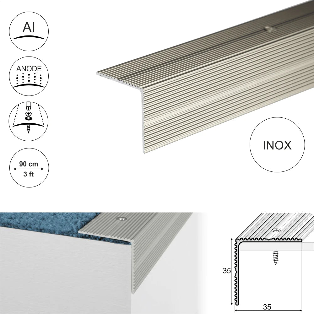 A34 35 x 35mm Anodised Aluminium Self Adhesive Non Slip Ribbed Treads Stair Nosing Edge Trim Stair Nosing etc