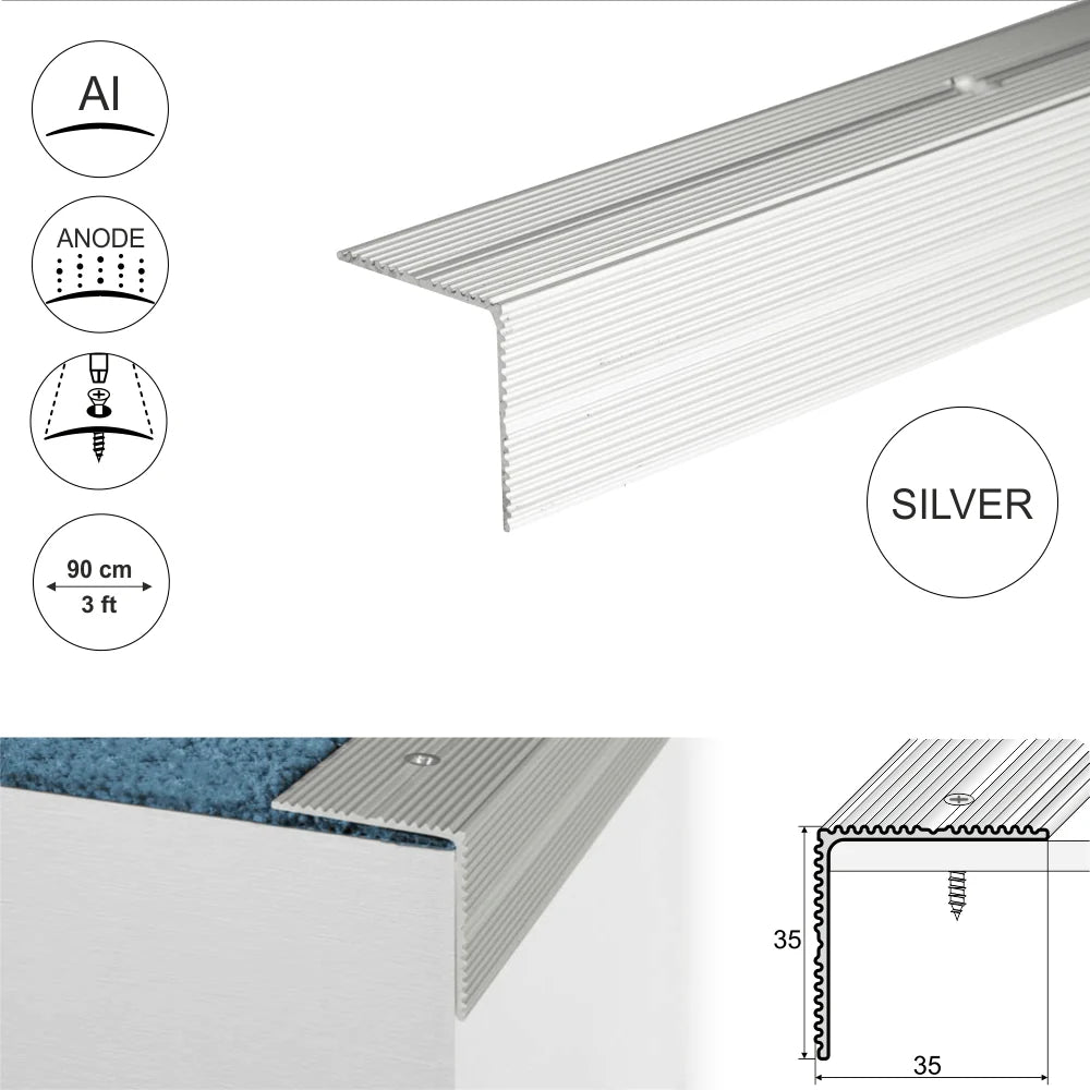 A34 35 x 35mm Anodised Aluminium Self Adhesive Non Slip Ribbed Treads Stair Nosing Edge Trim Stair Nosing etc