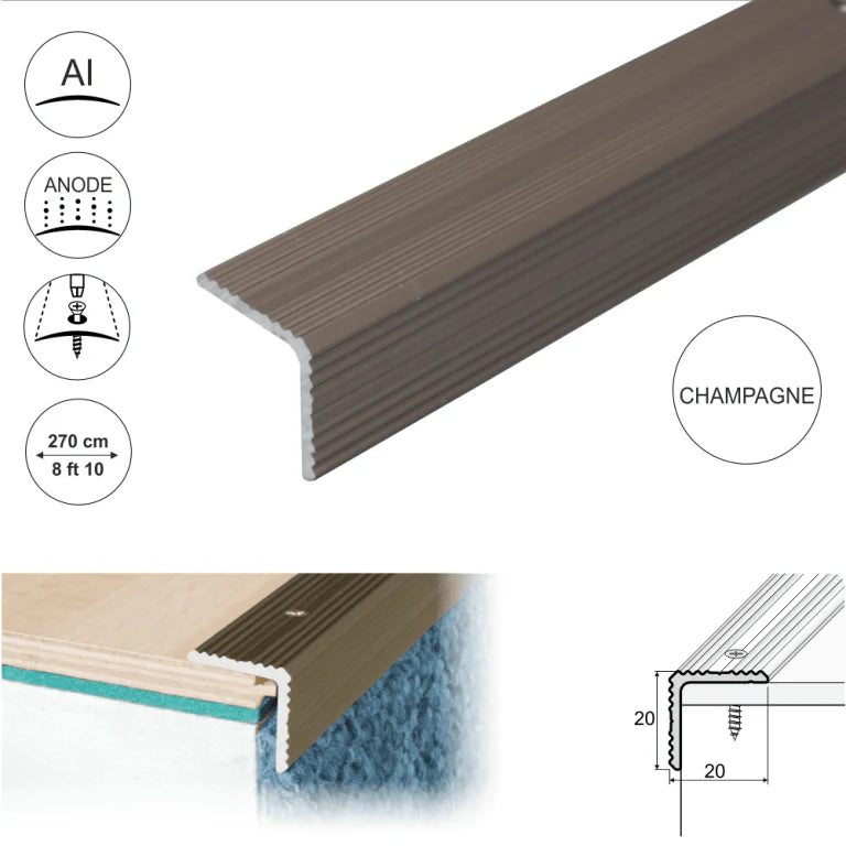 A35 20 x 20mm Anodised Aluminium Non Slip Ribbed Treads Stair Nosing Edge Trim Stair Nosing etc