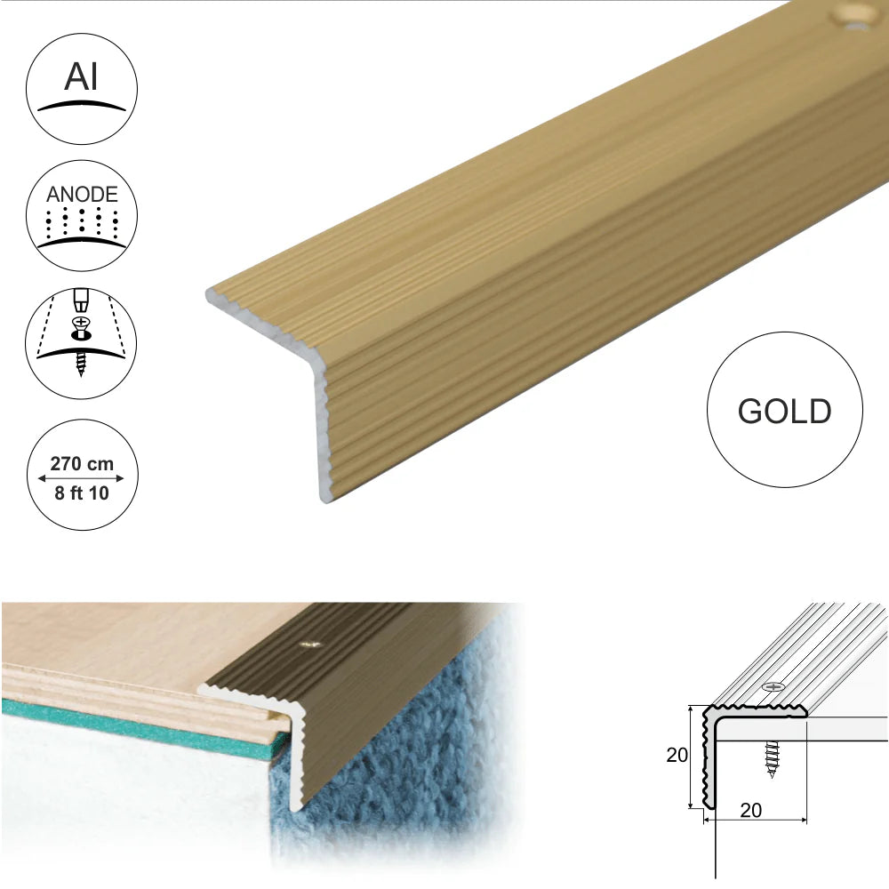 A35 20 x 20mm Anodised Aluminium Non Slip Ribbed Treads Stair Nosing Edge Trim Stair Nosing etc