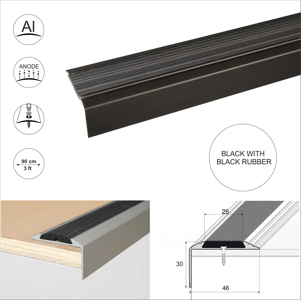 A38 46 x 30mm Anodised Aluminium Non Slip Rubber Stair Nosing Edge Trim Stair Nosing etc