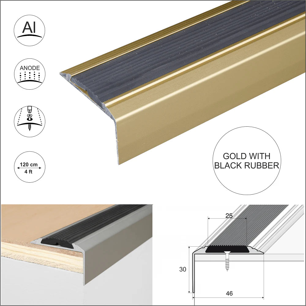 A38 46 x 30mm Anodised Aluminium Non Slip Rubber Stair Nosing Edge Trim Stair Nosing etc