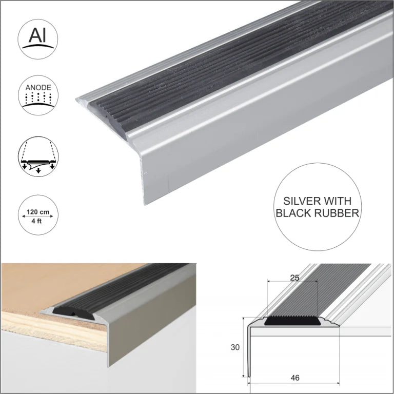 A38 46 x 30mm Anodised Aluminium Self Adhesive Non Slip Rubber Stair Nosing Edge Trim Stair Nosing etc