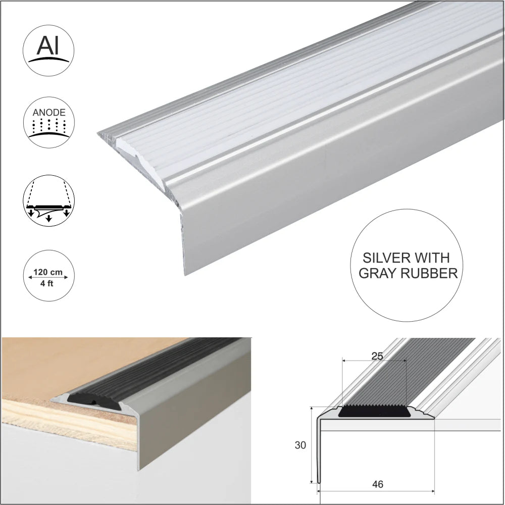 A38 46 x 30mm Anodised Aluminium Self Adhesive Non Slip Rubber Stair Nosing Edge Trim Stair Nosing etc