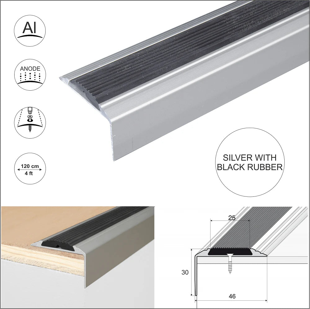 A38 46 x 30mm Anodised Aluminium Non Slip Rubber Stair Nosing Edge Trim Stair Nosing etc