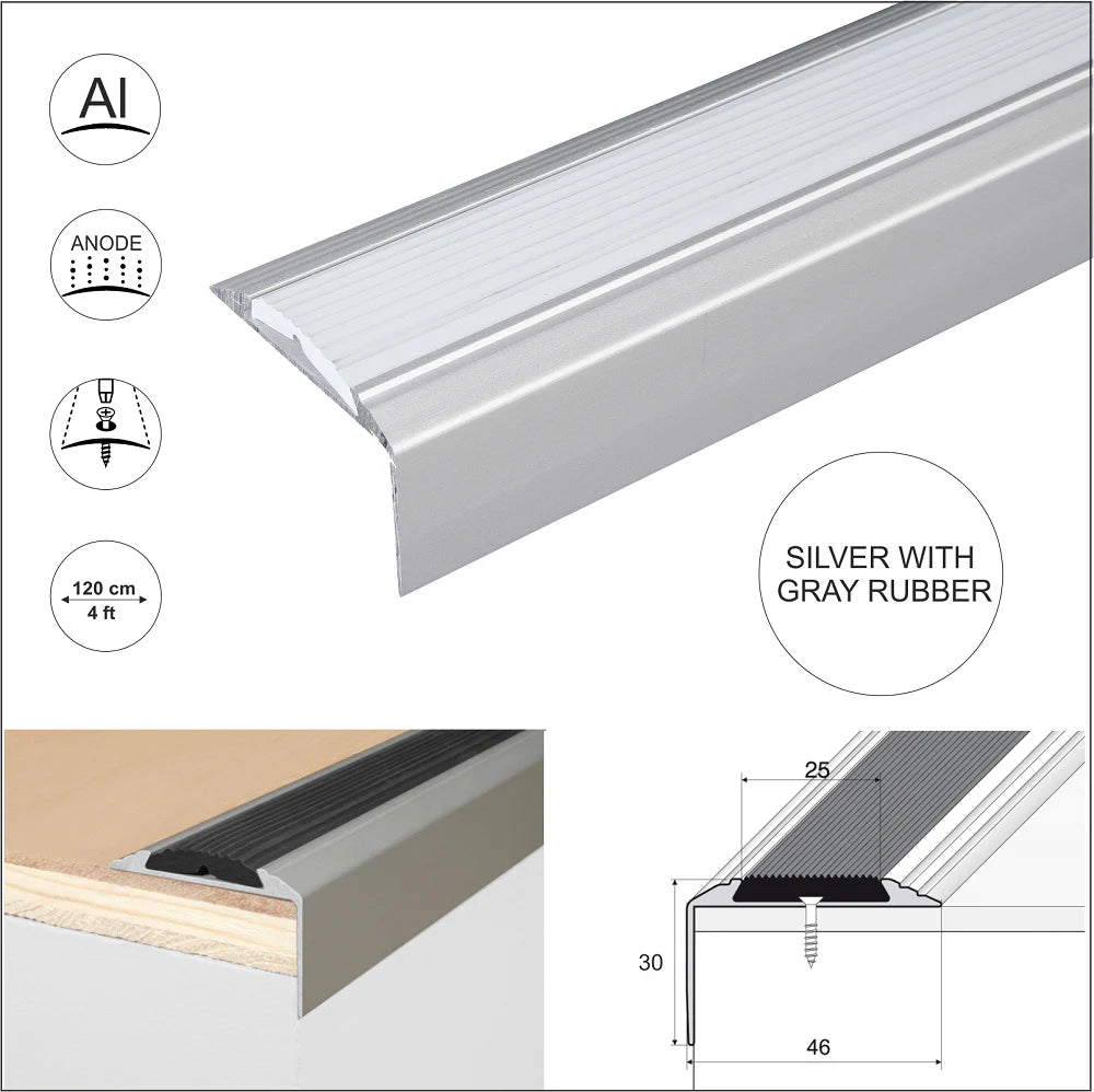 A38 46 x 30mm Anodised Aluminium Non Slip Rubber Stair Nosing Edge Trim Stair Nosing etc