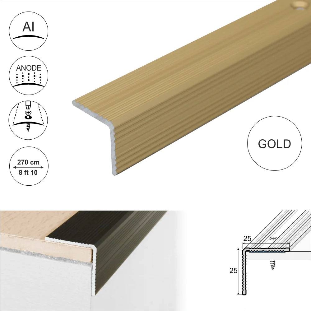 A40 25 x 25mm Anodised Aluminium Non Slip Ribbed Treads Stair Nosing Edge Trim Stair Nosing etc