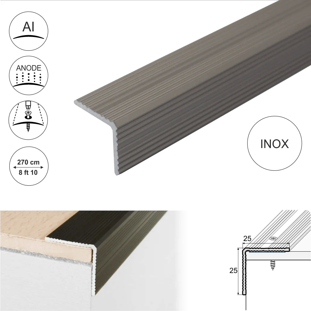 A40 25 x 25mm Anodised Aluminium Non Slip Ribbed Treads Stair Nosing Edge Trim Stair Nosing etc