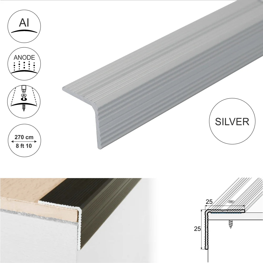 A40 25 x 25mm Anodised Aluminium Non Slip Ribbed Treads Stair Nosing Edge Trim Stair Nosing etc