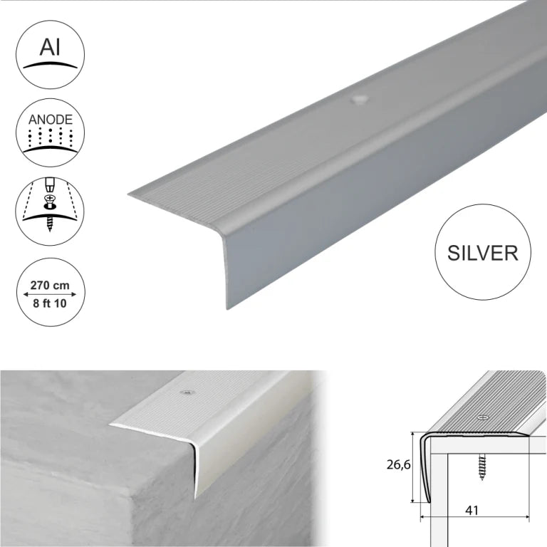 A42 41 x 26.6mm Anodised Aluminium Non Slip Ribbed Treads Stair Nosing Edge Trim Stair Nosing etc