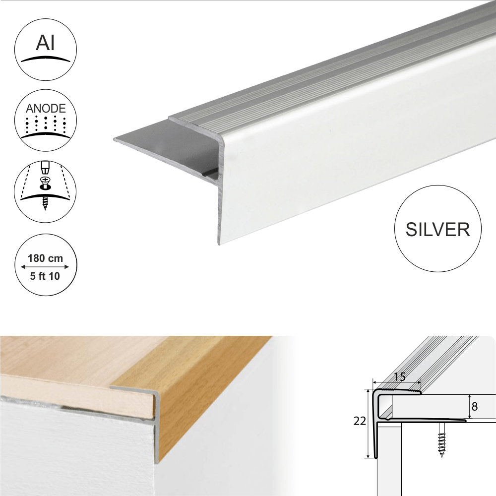 A60 15x22mm Push-In Anodised Aluminium Stair Nosing Edge Trim