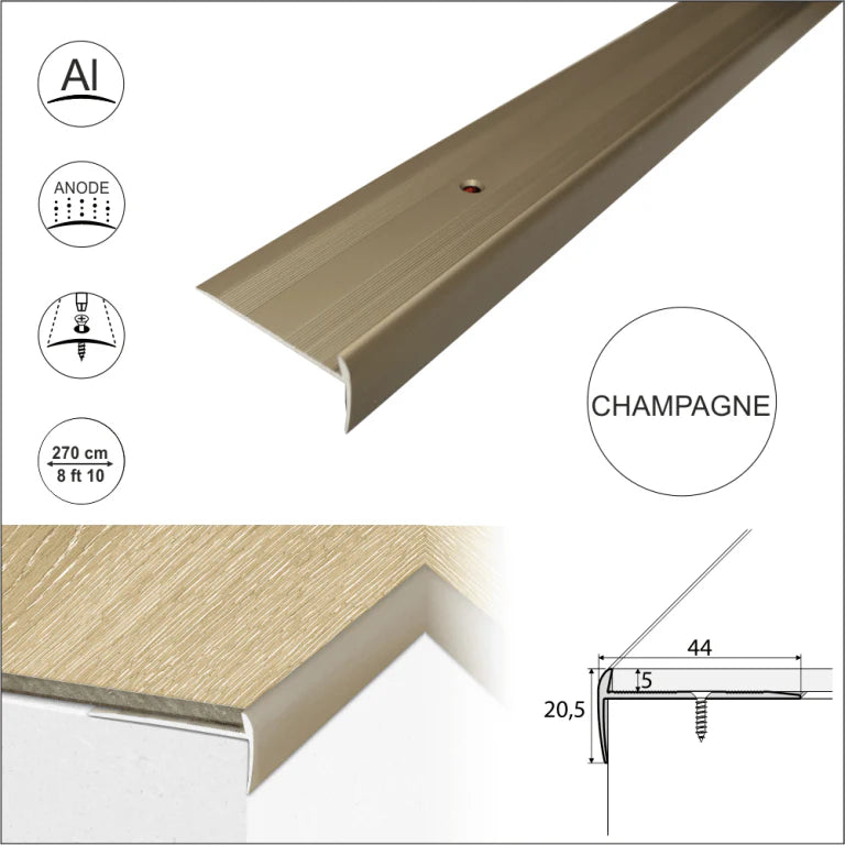 C27 44 x 20.5mm Anodised Aluminium LVT Stair nosing Edge Profile For 5mm Flooring Stair Nosing etc