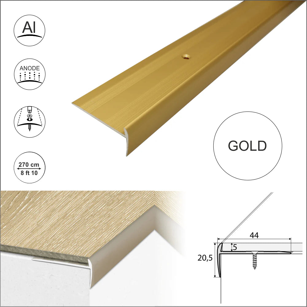 C27 44 x 20.5mm Anodised Aluminium LVT Stair nosing Edge Profile For 5mm Flooring Stair Nosing etc