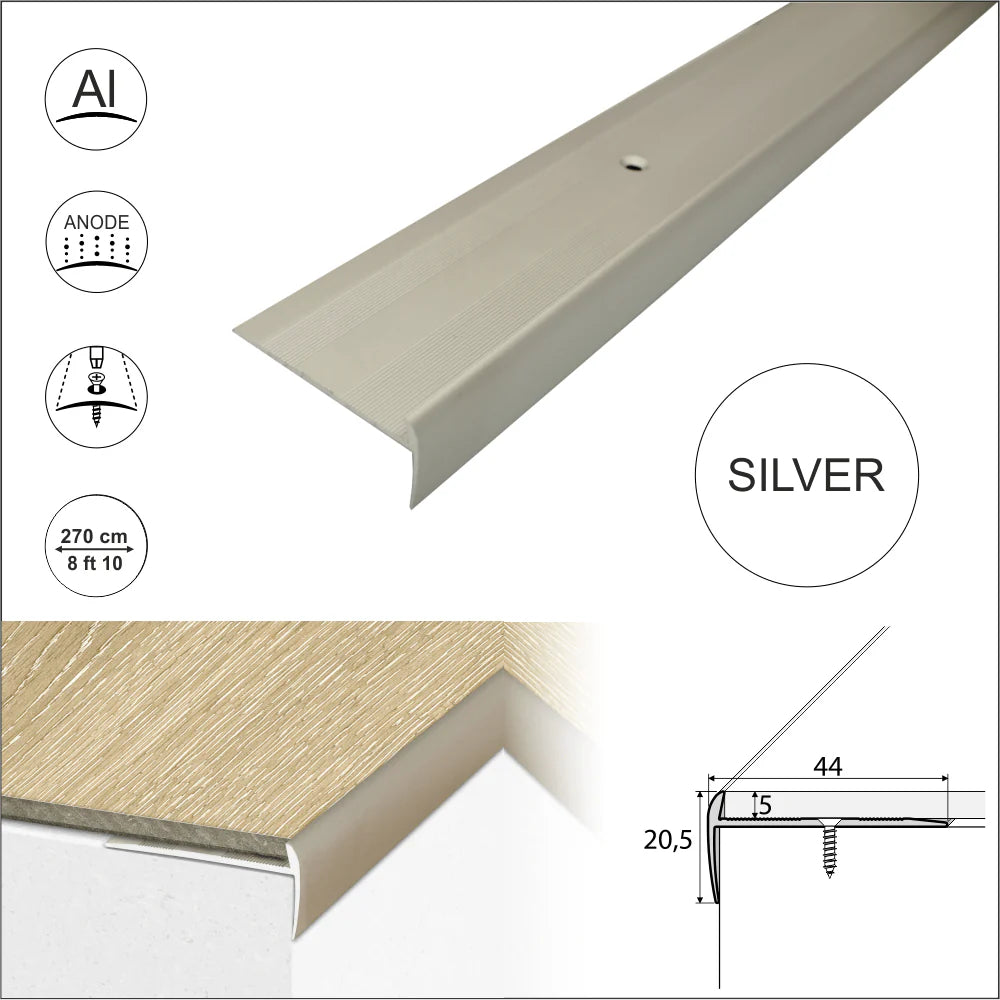 C27 44 x 20.5mm Anodised Aluminium LVT Stair nosing Edge Profile For 5mm Flooring Stair Nosing etc