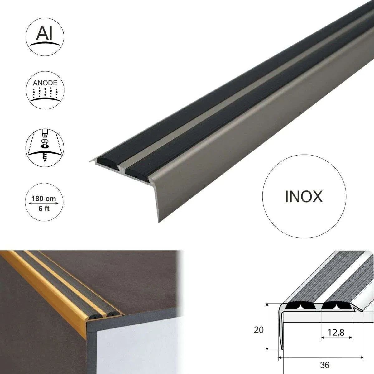 A37 36 x 20mm Anodised Aluminium Non Slip Rubber Stair Nosing Edge Trim With Inserts Stair Nosing etc