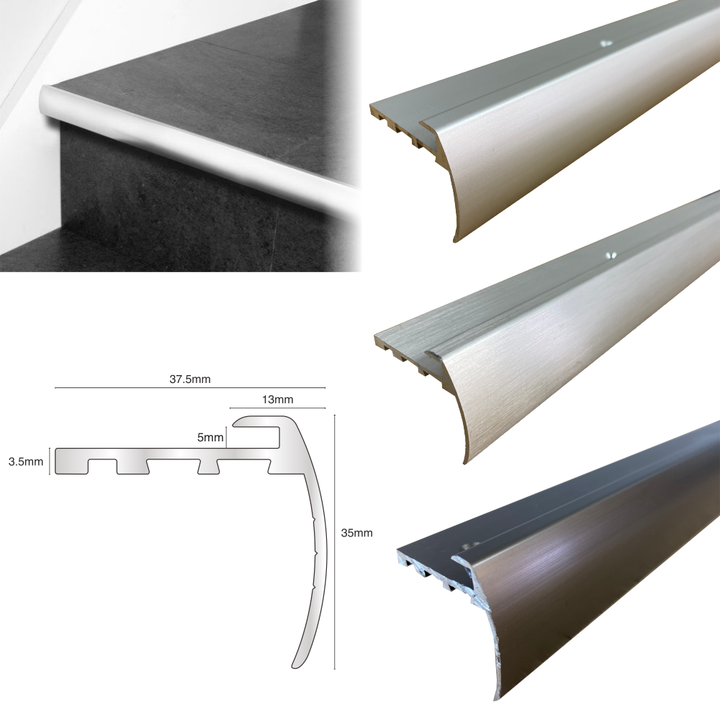 TVB 37.5 x 35mm Anodised Aluminium Bull Nose LVT Stair Nosing Edge Profile for 5mm Flooring