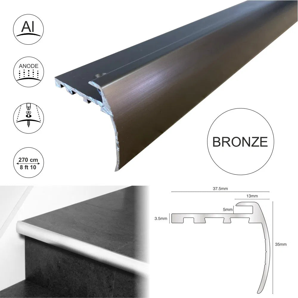 TVB 37.5 x 35mm Anodised Aluminium Bull Nose LVT Stair nosing Edge Profile For 5mm Flooring Stair Nosing etc