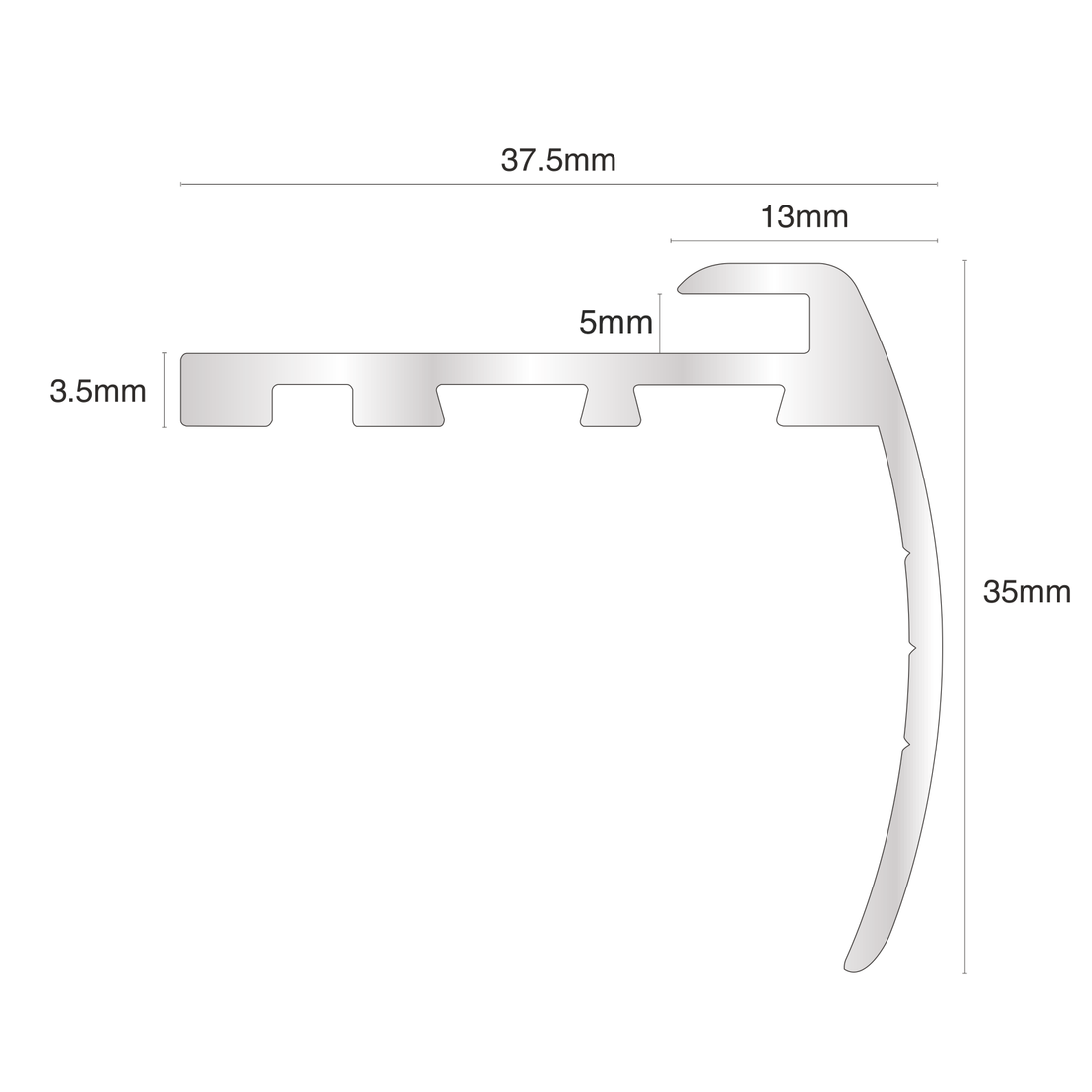 TVB 37.5 x 35mm Anodised Aluminium Bull Nose LVT Stair Nosing Edge Profile for 5mm Flooring