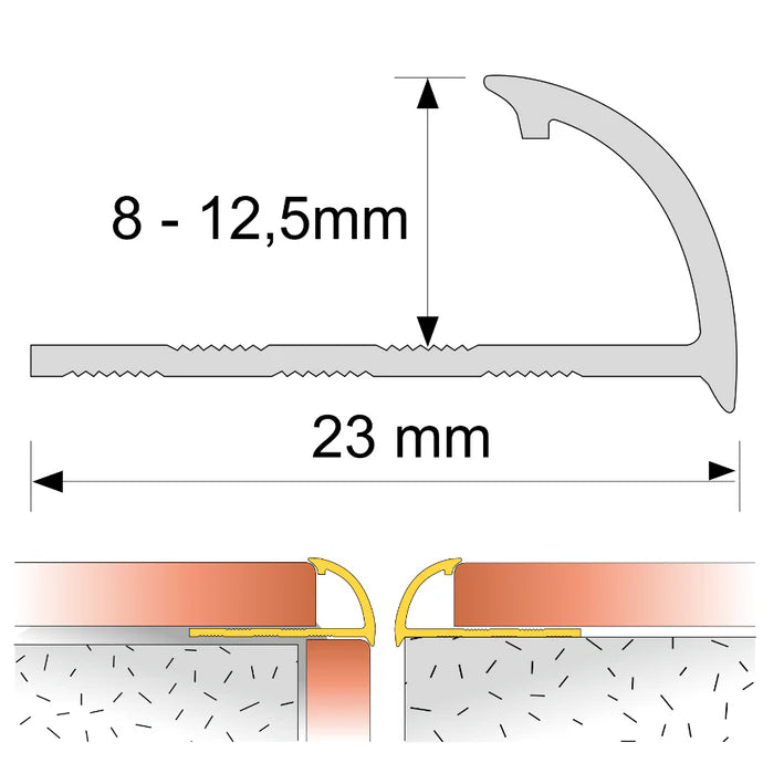 PVC Round Edge tile trim in 8, 10, or 12.5mm depth. 2.5m length. Ideal for tile edges, borders, or floor transitions. Clean, durable finish for wall or floor use.
