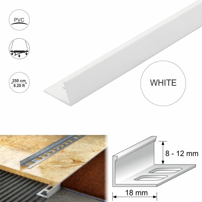 PVC Straight Edge L shaped Tile Trim 8,10,12.5mm Depth Stair Nosing etc