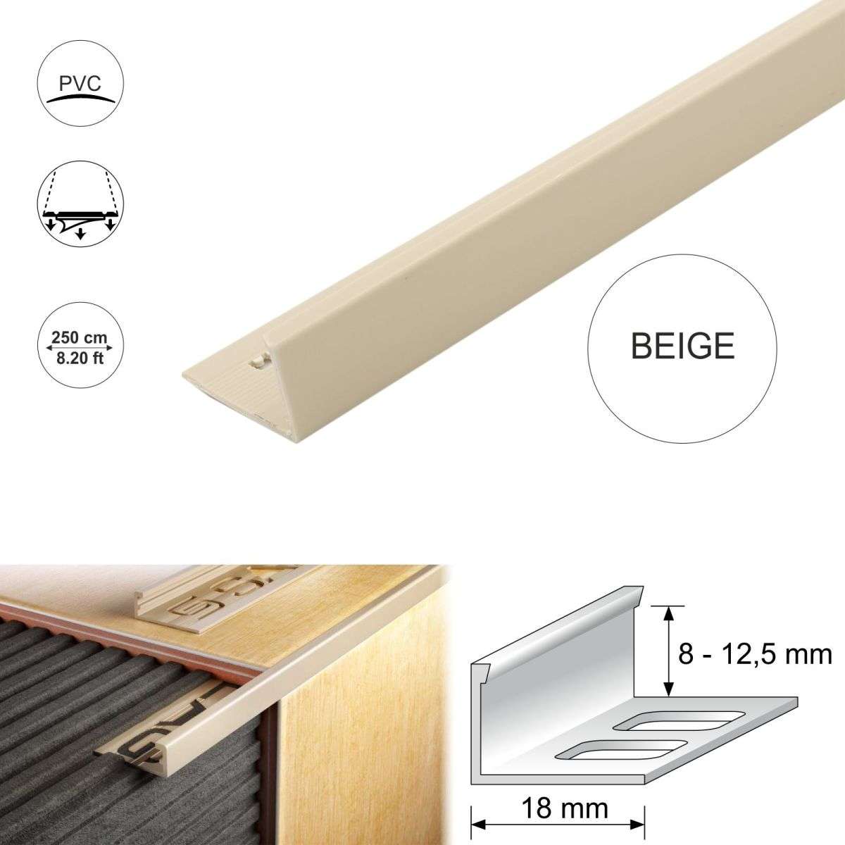 PVC Straight Edge L shaped Tile Trim 8,10,12.5mm Depth Stair Nosing etc