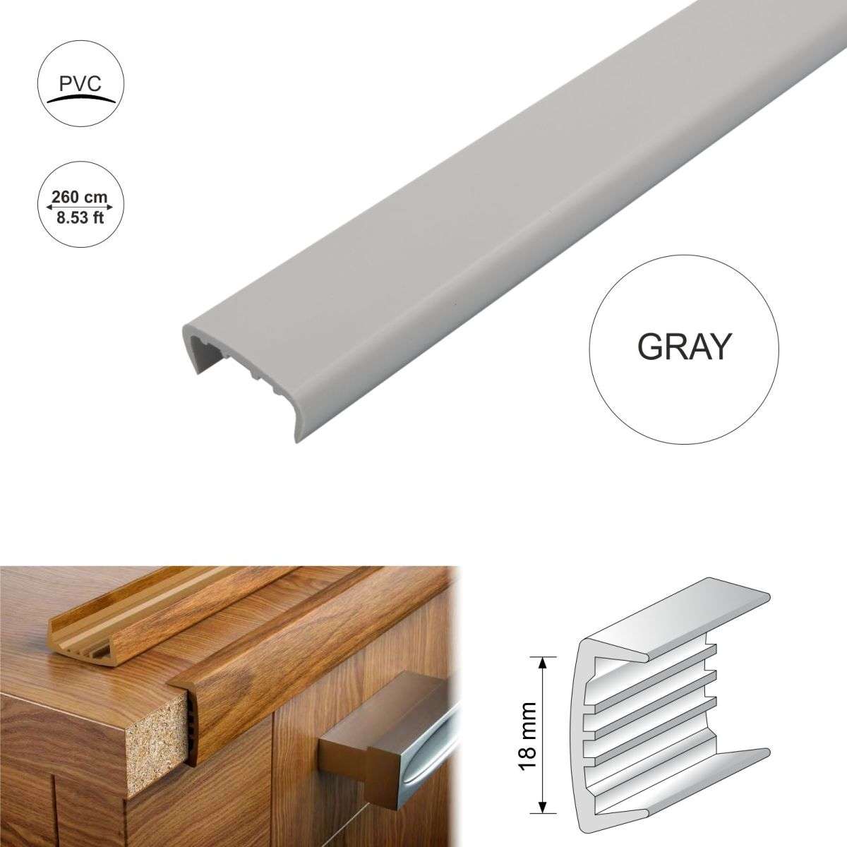 PVC U Section Melamine Furniture Plastic Edge Trim 18mm 2.6m long Stair Nosing etc