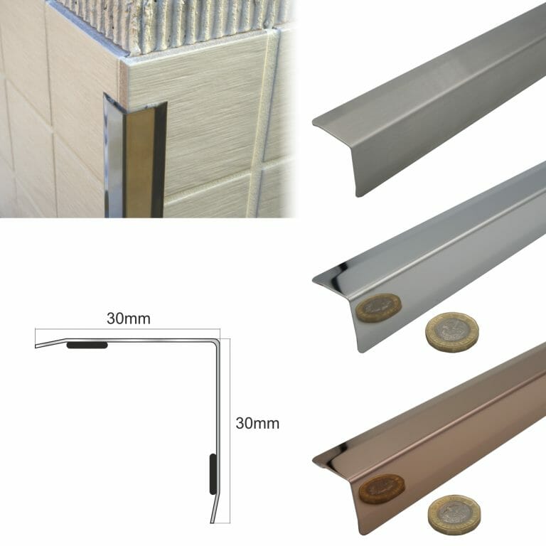 Stainless steel angle wall cladding corner trim protector bevelled edges 30x30mm Stair Nosing etc