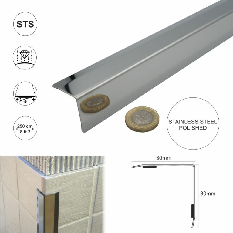 Stainless steel angle wall cladding corner trim protector bevelled edges 30x30mm Stair Nosing etc