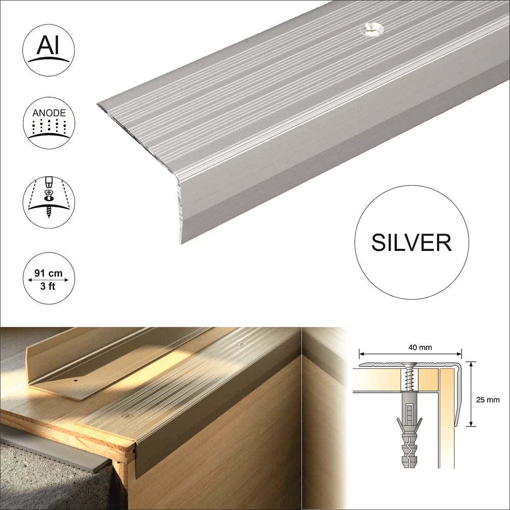 S05 40x 25mm Anodised Aluminium Non Slip Ribbed Treads Stair Nosing Edge Trim Stair Nosing etc