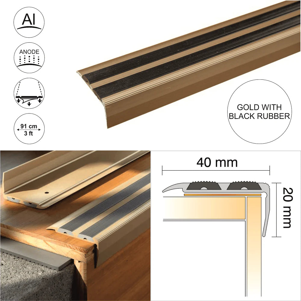 SA11 40 x 20mm Anodised Aluminium Self Adhesive Non Slip Rubber Stair Nosing Edge Trim With Insert Stair Nosing etc