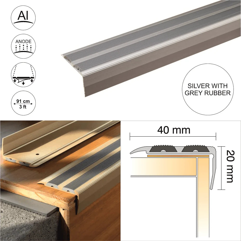 SA11 40 x 20mm Anodised Aluminium Non Slip Rubber Stair Nosing Edge Trim With Insert Stair Nosing etc